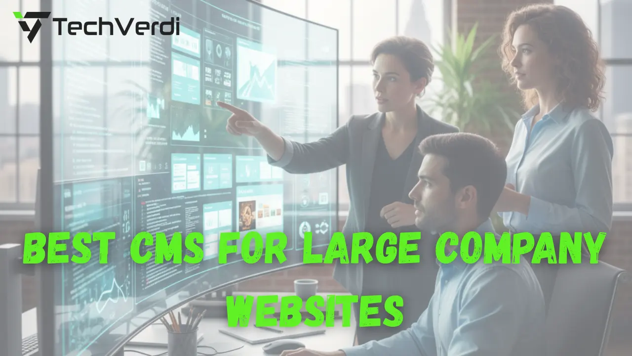 Enterprise CMS concept with digital dashboards and corporate website management visuals